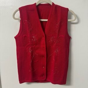 Holiday Christmas Red Embroidered Silver Metallic Sweater Vest Size M